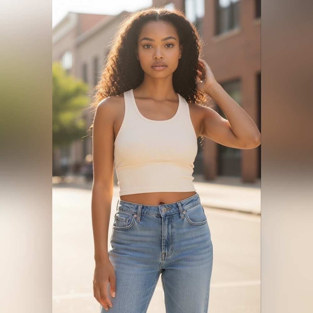SHEIN Cream Rib Knit Cropped Tee